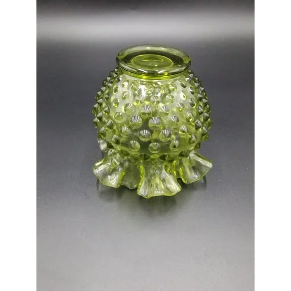 Vintage Fenton Green Glass Hobnail Vase Bowl Ruffled Edge  Candy Dish - Picture 3 of 4